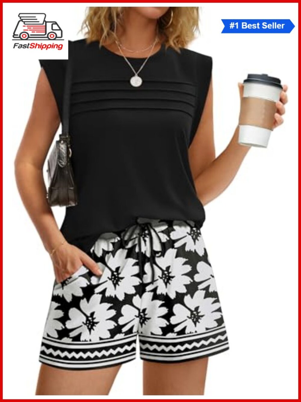 ✨ WIHOLL Two Piece Short Set Sleeveless Ruched Top Drawstring Shorts Pockets